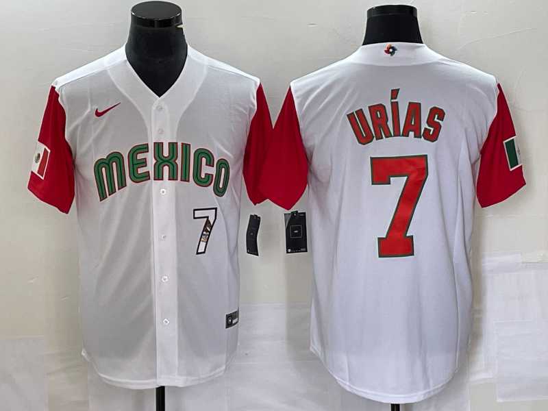 Men%27s Mexico Baseball #7 Julio Urias Number 2023 White Red World Classic Stitched Jersey16
